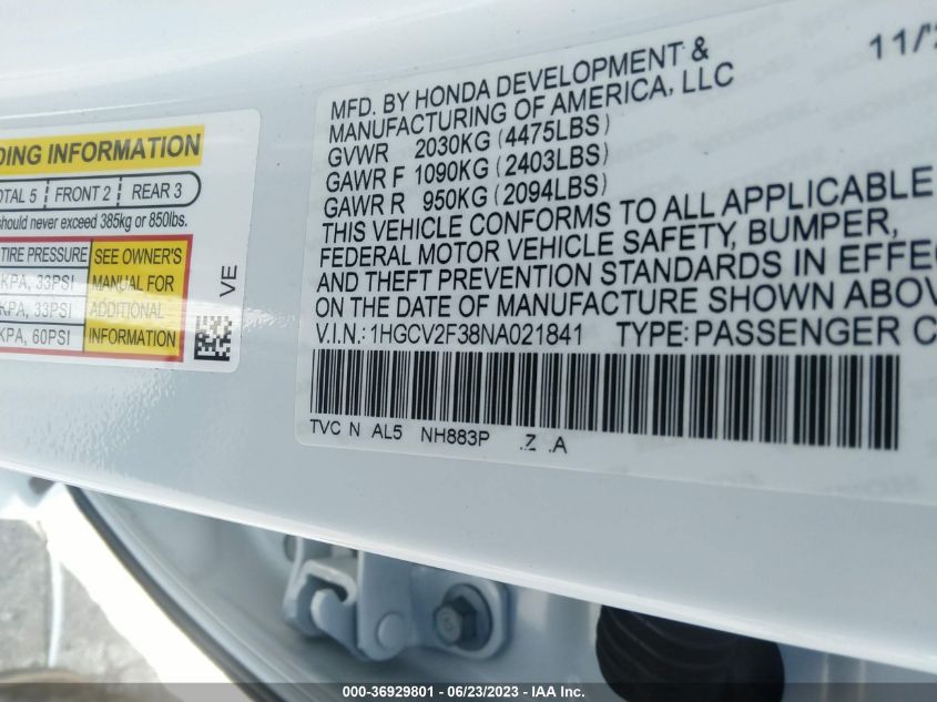 2022 HONDA ACCORD SEDAN SPORT - X1HGCV2F38NA02184