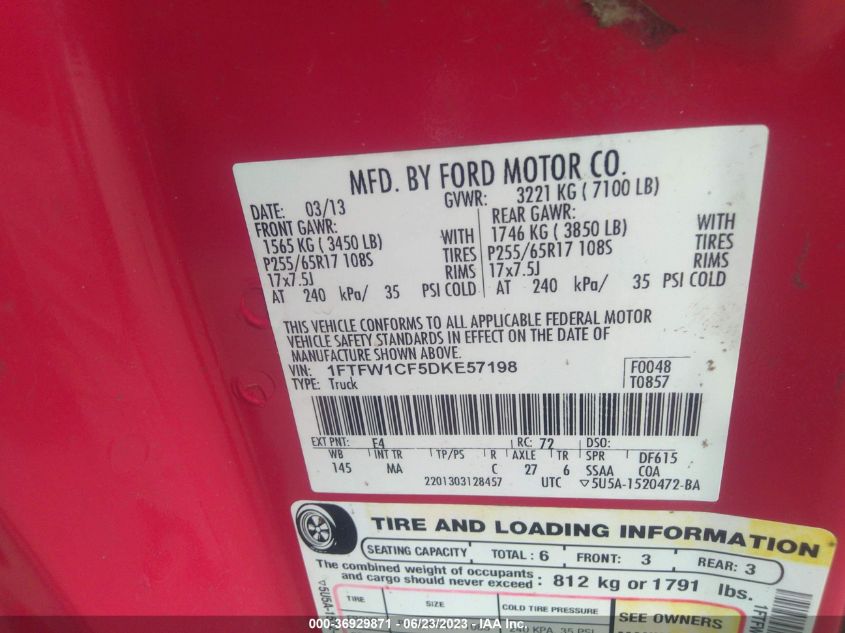 2013 FORD F-150 XL/XLT/FX2/LARIAT - 1FTFW1CF5DKE57198