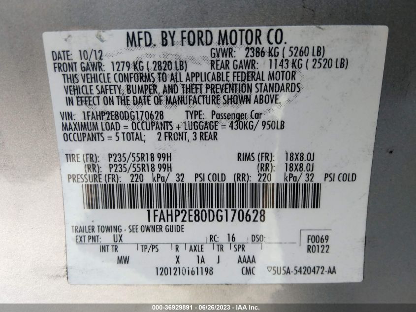 2013 FORD TAURUS SEL - 1FAHP2E80DG170628