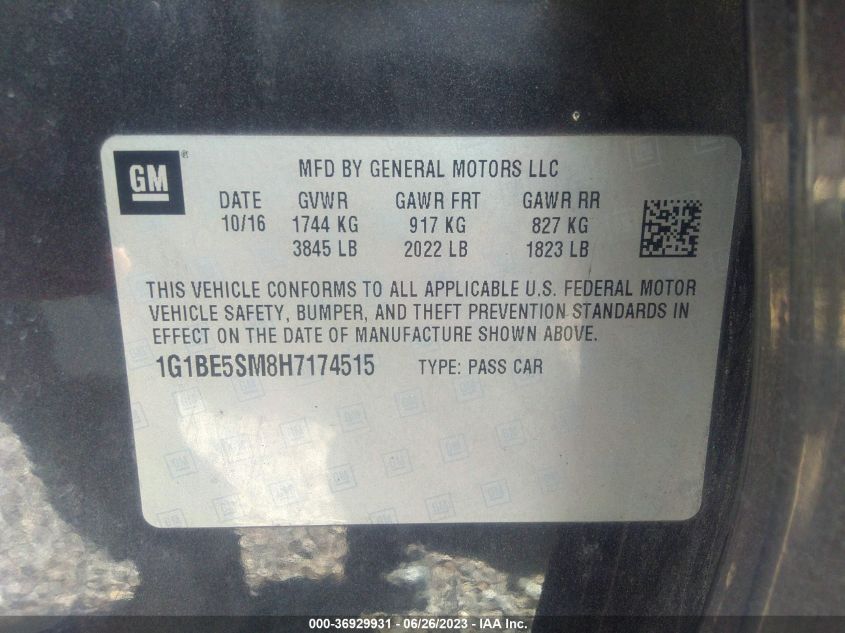 2017 CHEVROLET CRUZE LT - 1G1BE5SM8H7174515