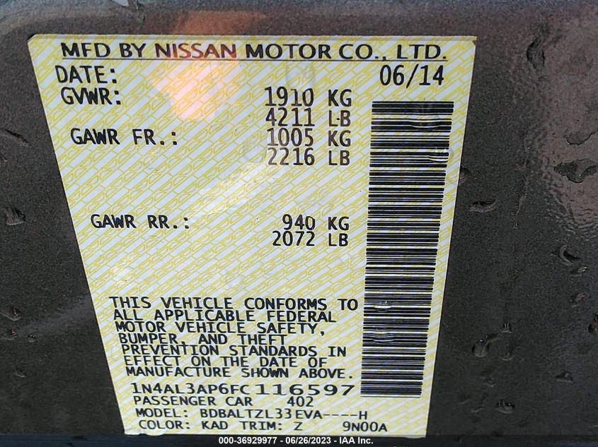 2015 NISSAN ALTIMA 2.5 SL - 1N4AL3AP6FC116597