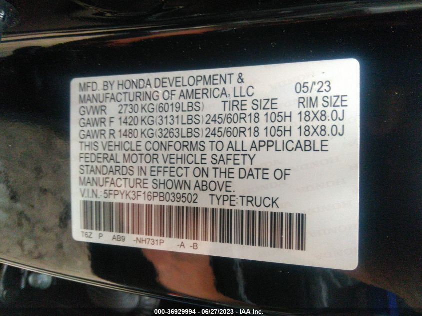 2023 HONDA RIDGELINE SPORT - 5FPYK3F16PB039502