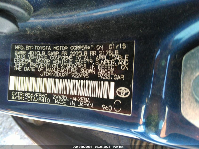 2015 TOYOTA PRIUS FOUR - JTDKN3DUXF1922495