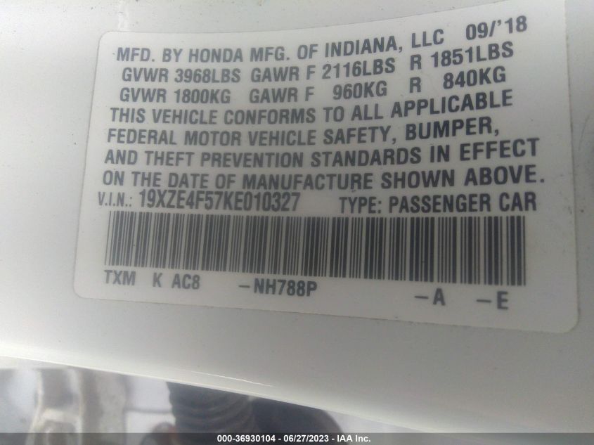 2019 HONDA INSIGHT EX - 19XZE4F57KE010327