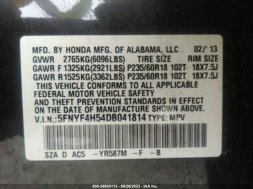 2013 HONDA PILOT EXL - 5FNYF4H54DB041814