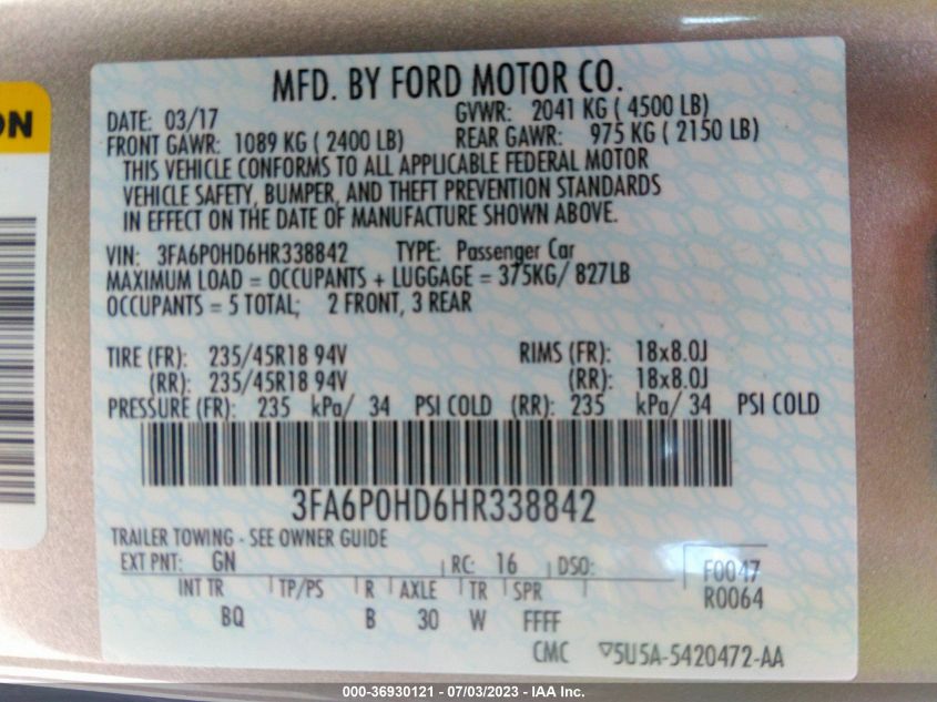 2017 FORD FUSION SE - 3FA6P0HD6HR338842