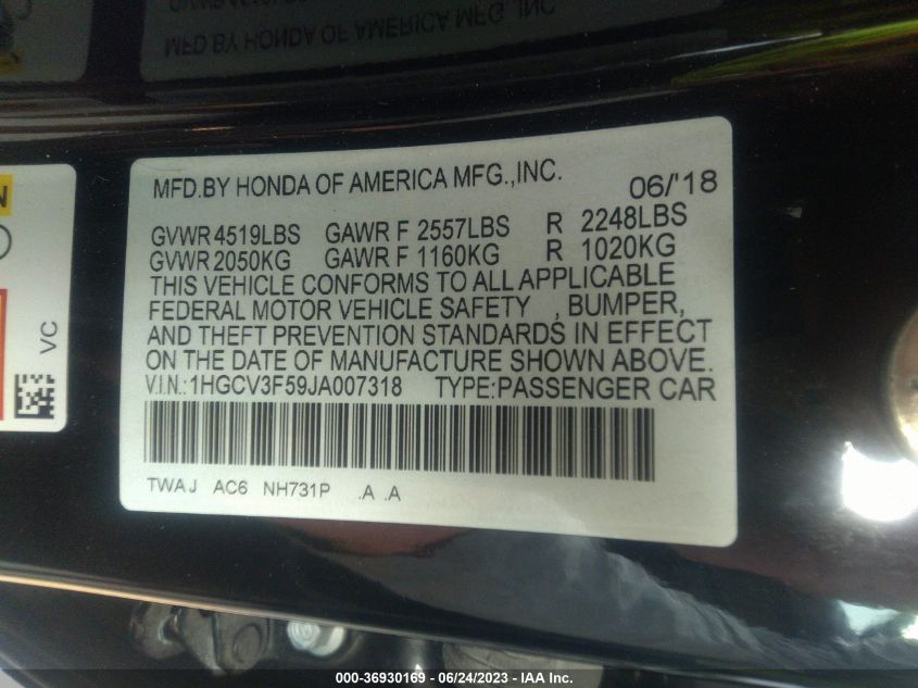 VIN 1HGCV3F59JA007318 2018 HONDA ACCORD HYBRID EX-L