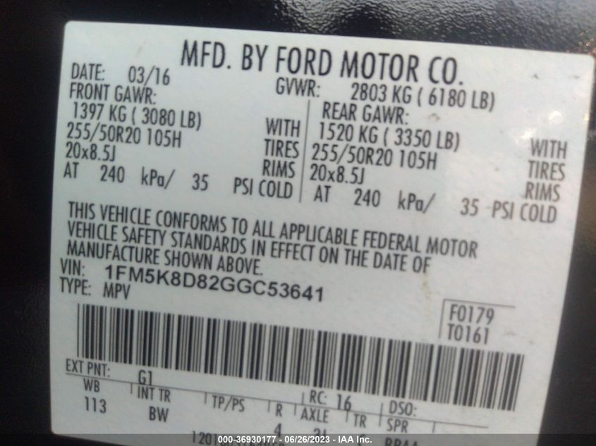2016 FORD EXPLORER XLT - 1FM5K8D82GGC53641