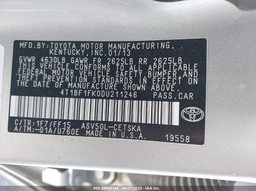 2013 TOYOTA CAMRY L/LE/SE/XLE - 4T1BF1FK0DU211246