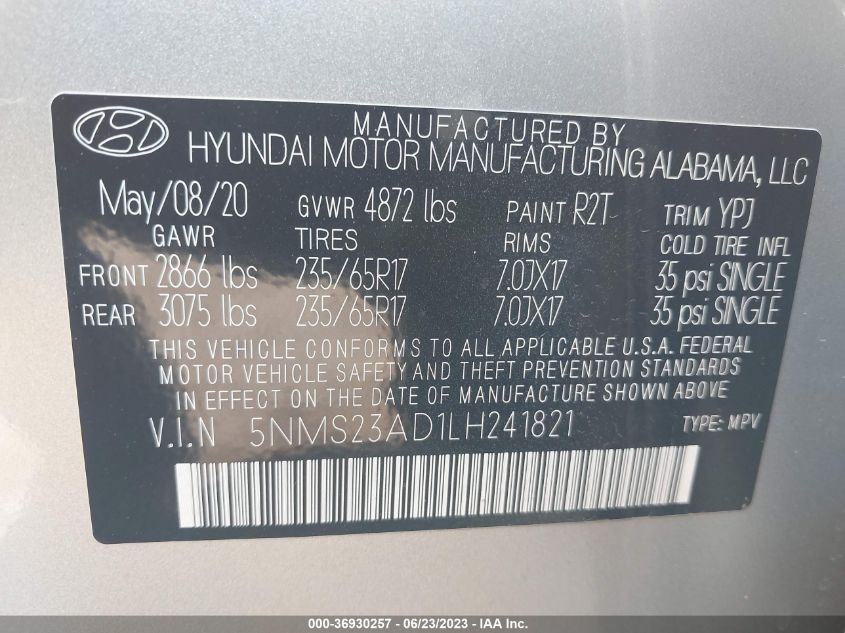 2020 HYUNDAI SANTA FE SE W/SULEV - 5NMS23AD1LH241821