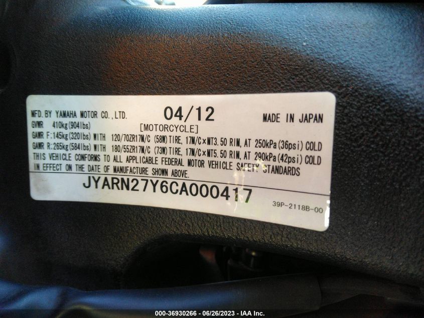 2012 YAMAHA FZ8 NC JYARN27Y6CA000417