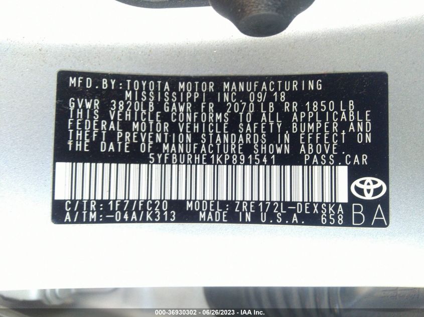2019 TOYOTA COROLLA SE - 5YFBURHE1KP891541
