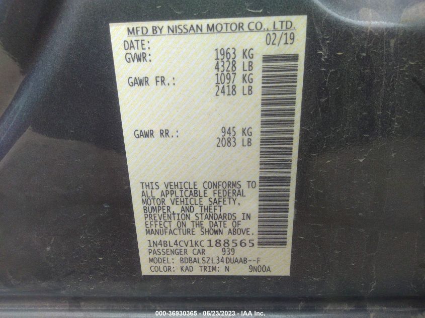 2019 NISSAN ALTIMA 2.5 SR - 1N4BL4CV1KC188565