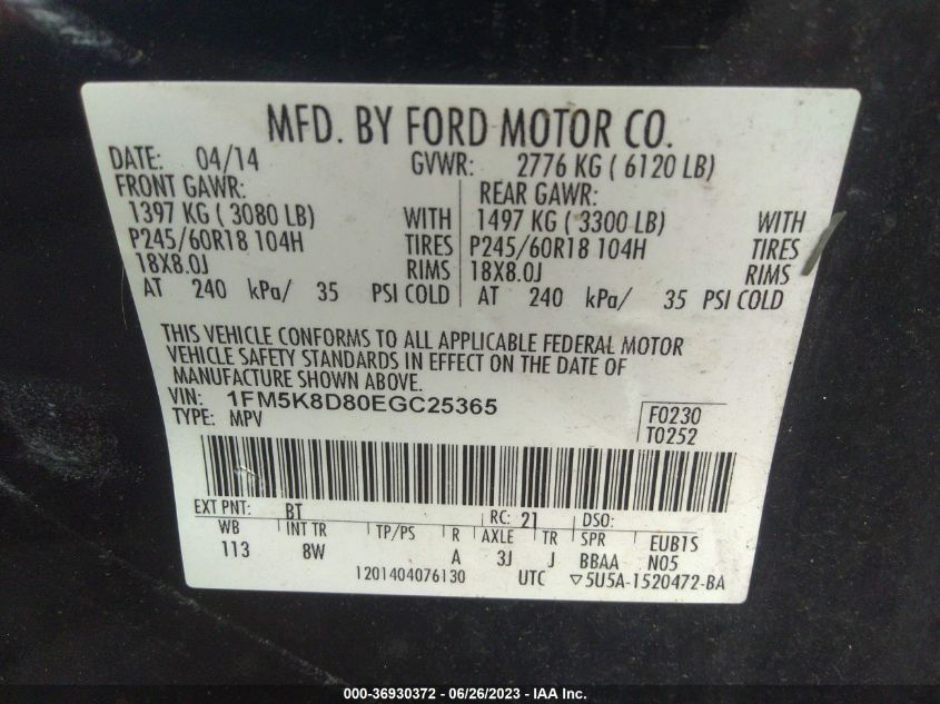 2014 FORD EXPLORER XLT - 1FM5K8D80EGC25365