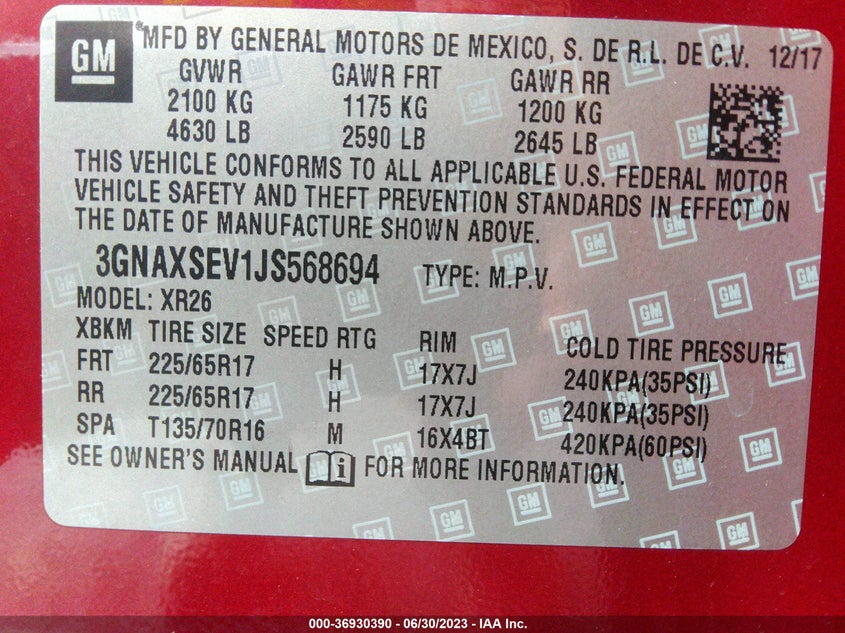 VIN 3GNAXSEV1JS568694 2018 CHEVROLET EQUINOX LT