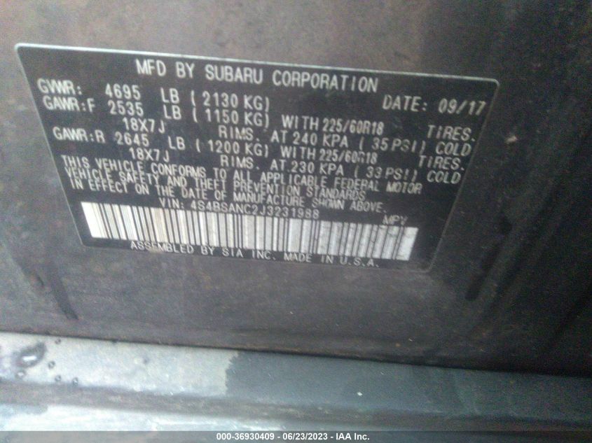 2018 SUBARU OUTBACK 2.5I LIMITED - 4S4BSANC2J3231988