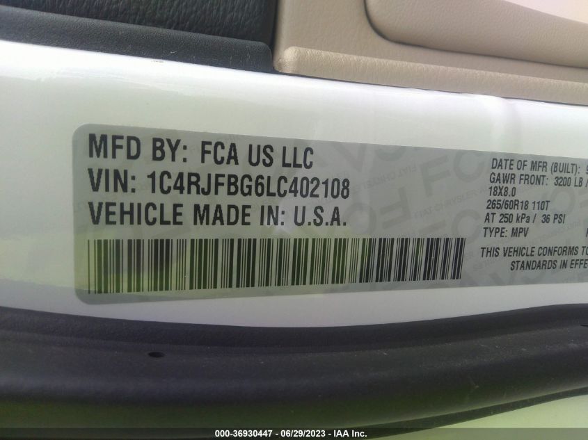 2020 JEEP GRAND CHEROKEE LIMITED - 1C4RJFBG6LC402108