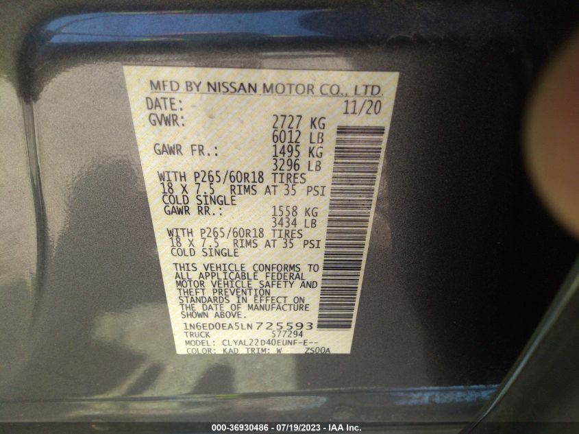 2020 NISSAN FRONTIER S/SV - 1N6ED0EA5LN725593