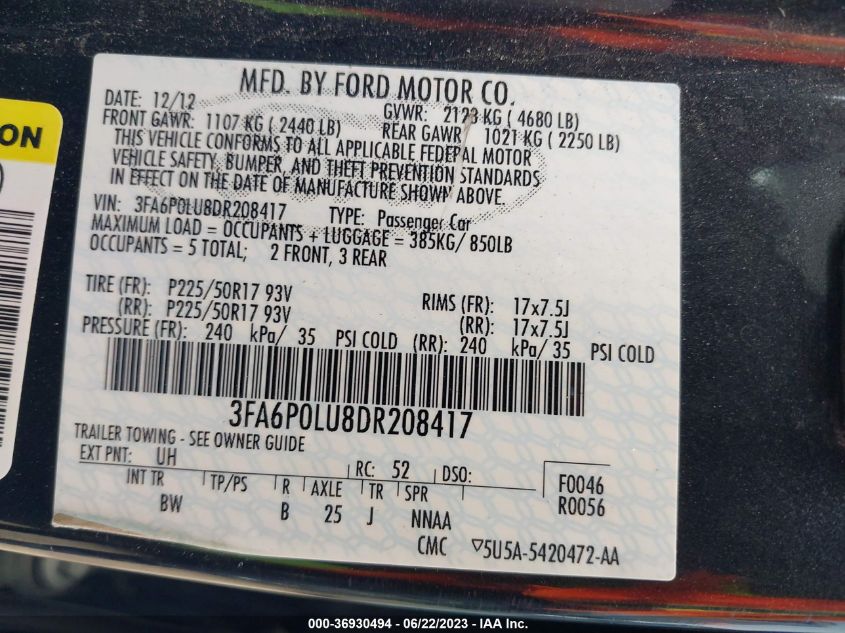 2013 FORD FUSION SE HYBRID - 3FA6P0LU8DR208417
