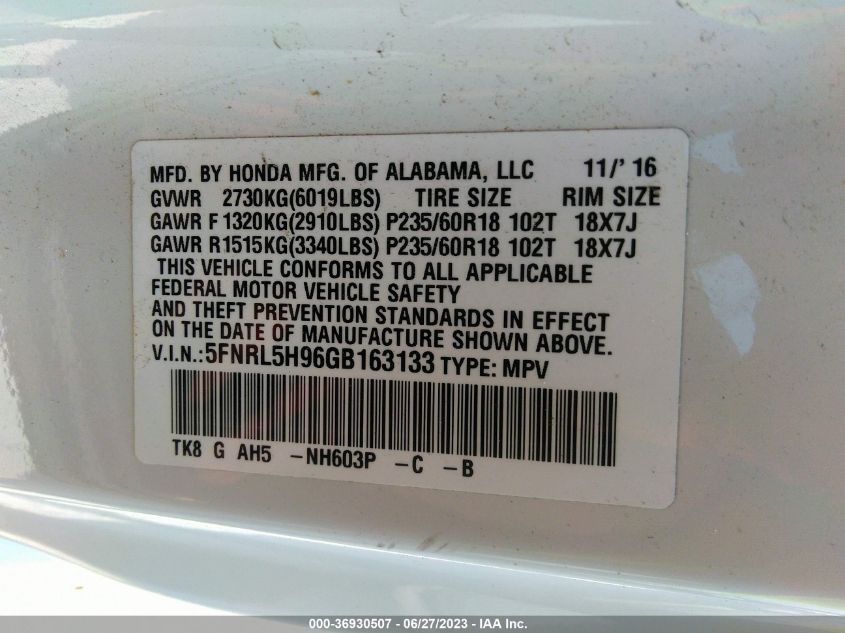 2016 HONDA ODYSSEY TOURING/TOURING ELITE - 5FNRL5H96GB163133