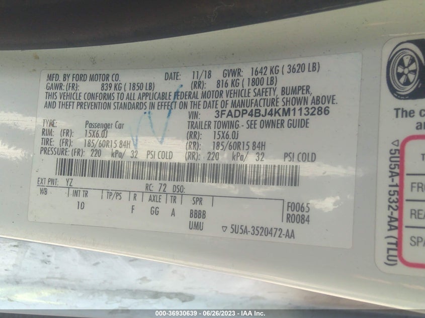 VIN 3FADP4BJ4KM113286 2019 FORD FIESTA SE