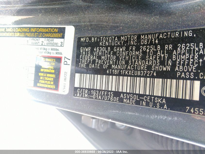 2014 TOYOTA CAMRY L/SE/LE/XLE - 4T1BF1FKXEU837274