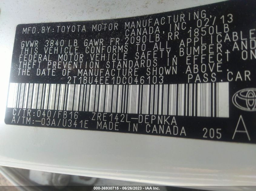 2013 TOYOTA COROLLA S/LE - 2T1BU4EE1DC046103