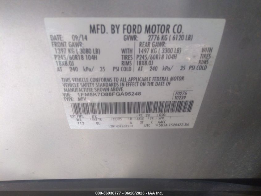 2015 FORD EXPLORER XLT - 1FM5K7D88FGA95248