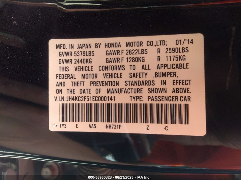 2014 ACURA RLX HYBRID TECH PKG - JH4KC2F51EC000141