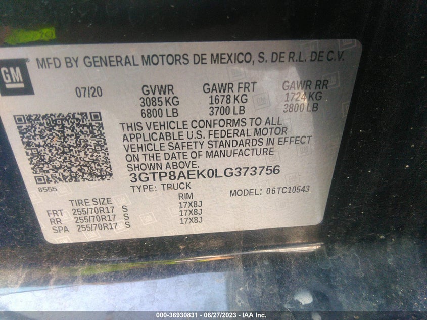 VIN 3GTP8AEK0LG373756 2020 GMC SIERRA 1500