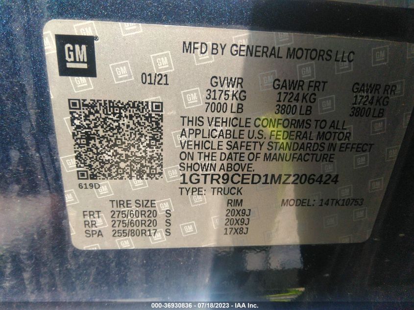 2021 GMC SIERRA 1500 ELEVATION - 1GTR9CED1MZ206424