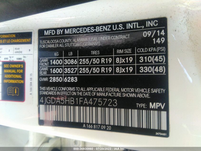 2015 MERCEDES-BENZ ML 350 4JGDA5HB1FA475723