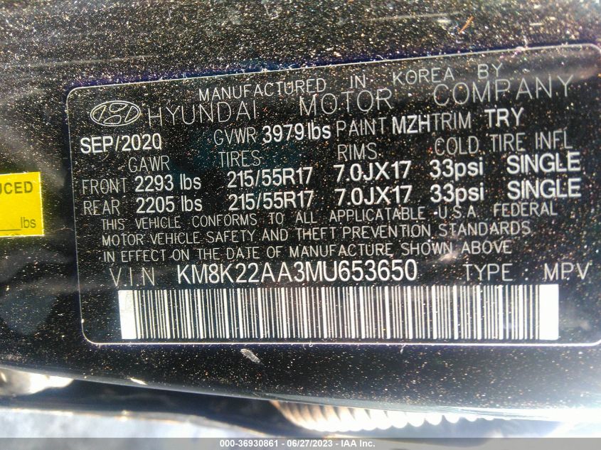 2021 HYUNDAI KONA SEL - KM8K22AA3MU653650