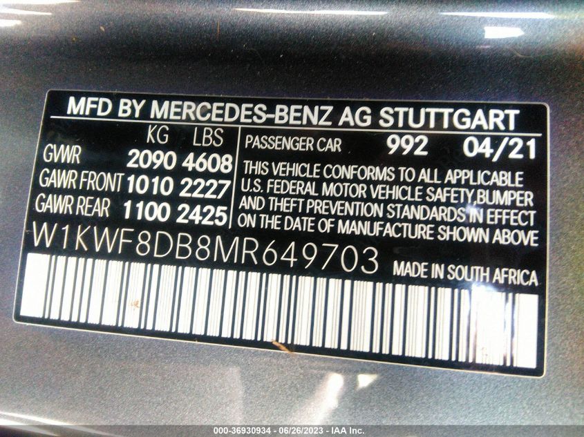 2021 MERCEDES-BENZ C-CLASS C 300 - W1KWF8DB8MR649730
