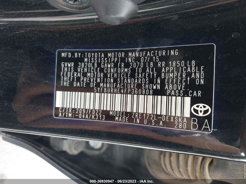 2015 TOYOTA COROLLA L/LE/S/S PLUS/LE PLUS - 5YFBURHE4FP360808