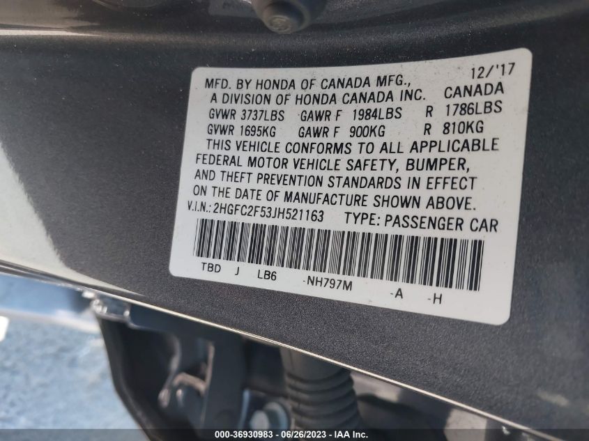 2018 HONDA CIVIC LX - 2HGFC2F53JH521163