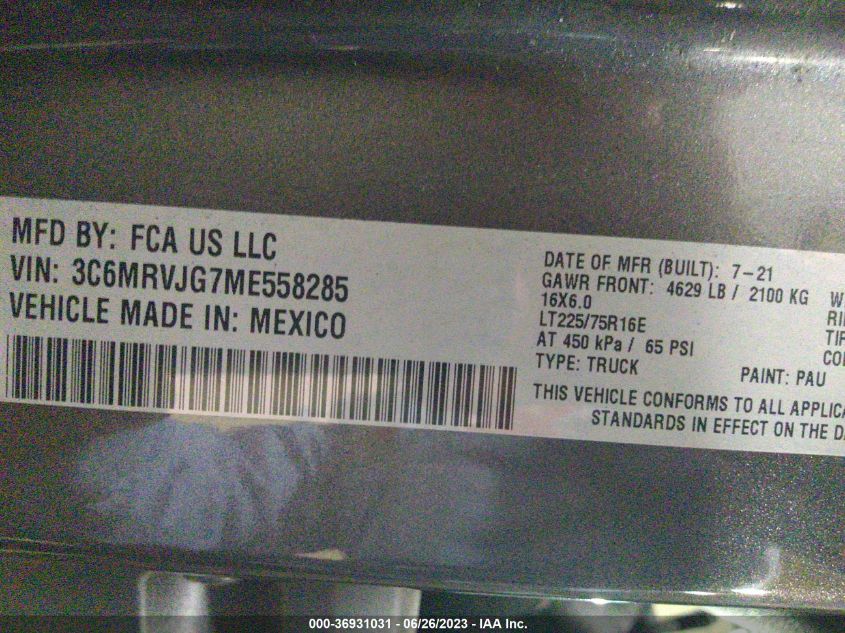 2021 RAM PROMASTER CARGO VAN - 3C6MRVJG7ME558285