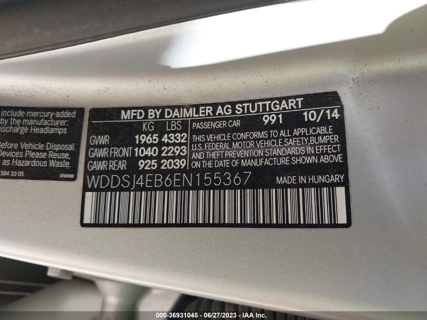 2014 MERCEDES-BENZ CLA-CLASS CLA 250 - WDDSJ4EB6EN155367