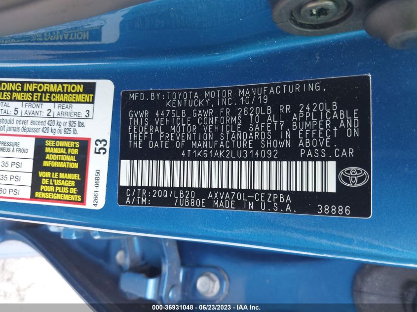 2020 TOYOTA CAMRY XSE - 4T1K61AK2LU314092