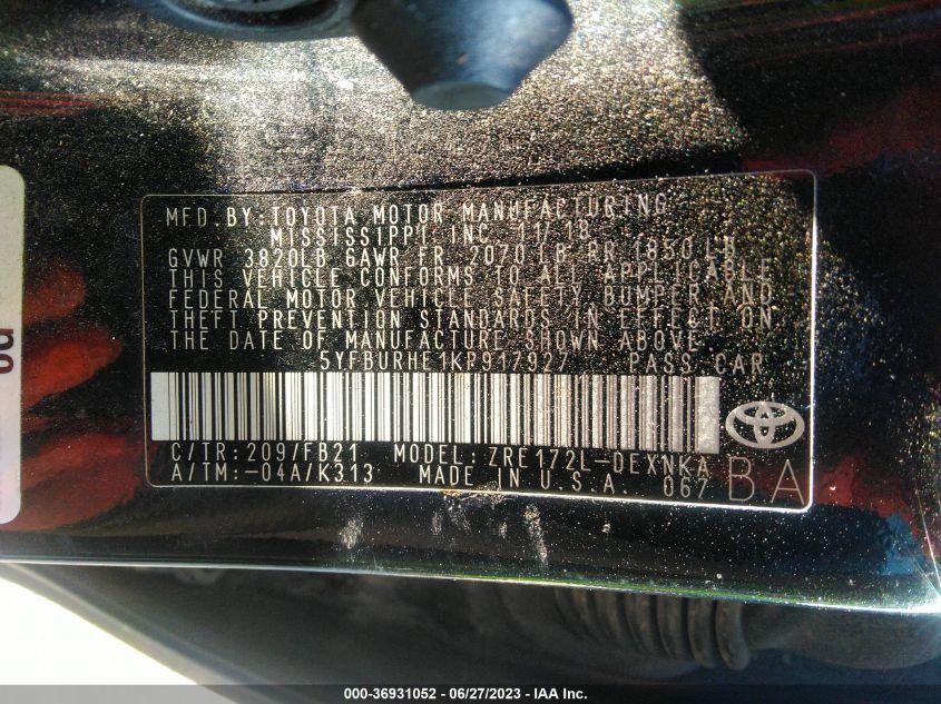 2019 TOYOTA COROLLA L/LE/XLE/SE/XSE - 5YFBURHE1KP917927