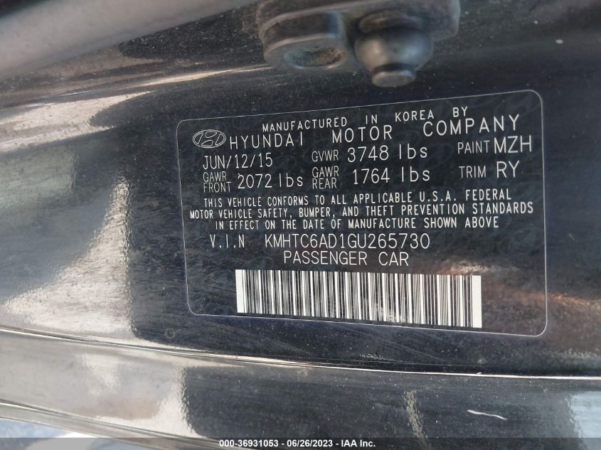 2016 HYUNDAI VELOSTER - KMHTC6AD1GU265730