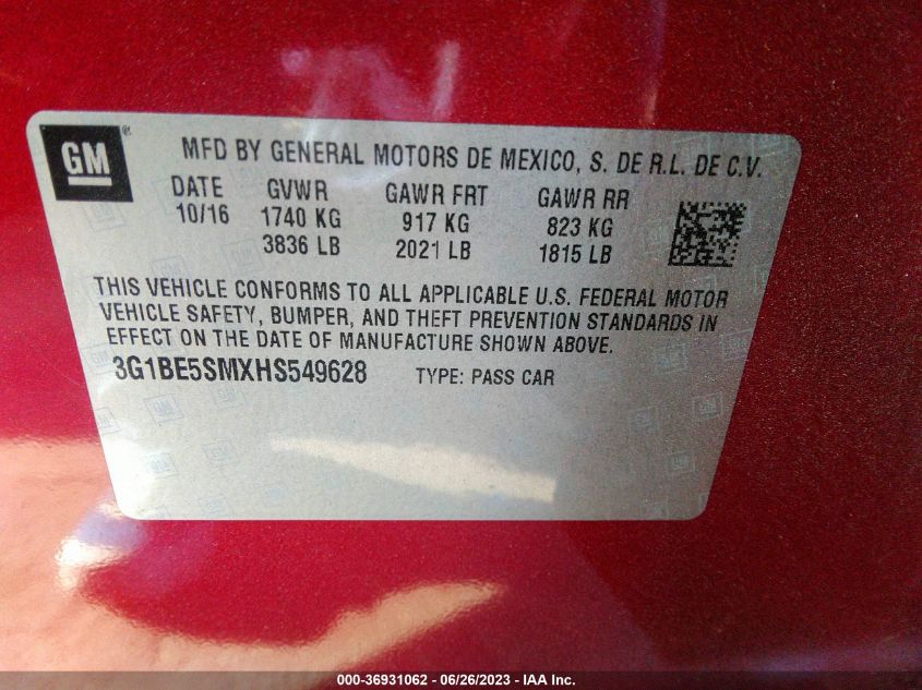 2017 CHEVROLET CRUZE LT - 3G1BE5SMXHS549628