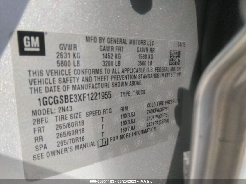 2015 CHEVROLET COLORADO 2WD LT - 1GCGSBE3XF1221955
