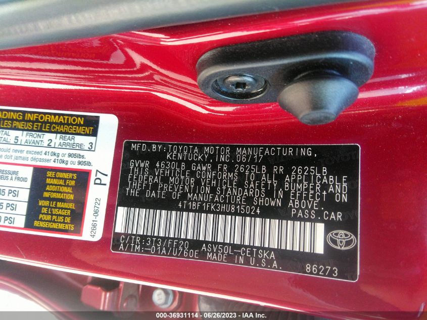2017 TOYOTA CAMRY XLE/SE/LE/XSE - 4T1BF1FK3HU815024