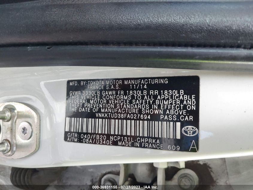 2015 TOYOTA YARIS L/SE/LE - VNKKTUD38FA027694