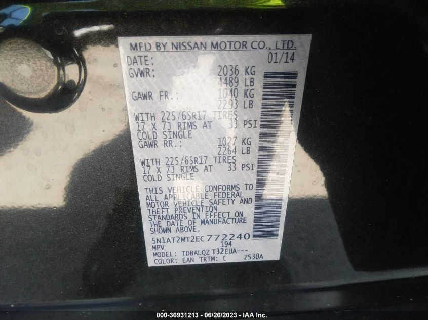 2014 NISSAN ROGUE SV - 5N1AT2MT2EC772240