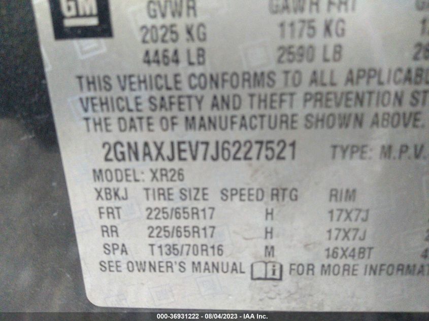 2018 CHEVROLET EQUINOX LT - 2GNAXJEV7J6227521