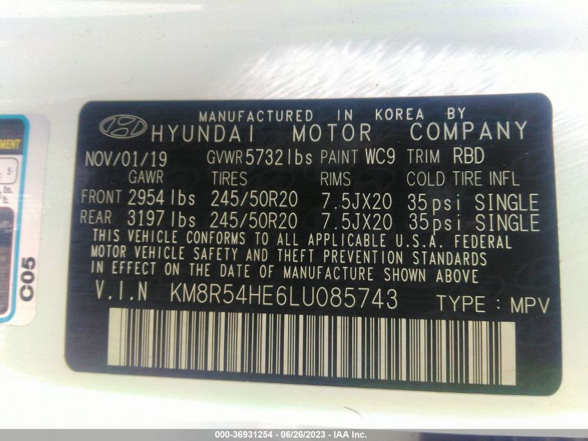 2020 HYUNDAI PALISADE LIMITED - KM8R54HE6LU085743