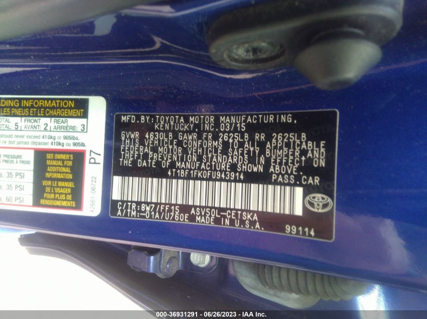2015 TOYOTA CAMRY XLE/SE/LE/XSE - 4T1BF1FK0FU943914