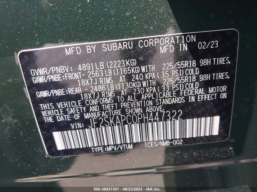 VIN JF2SKAPC0PH447322 2023 SUBARU FORESTER LIMITED